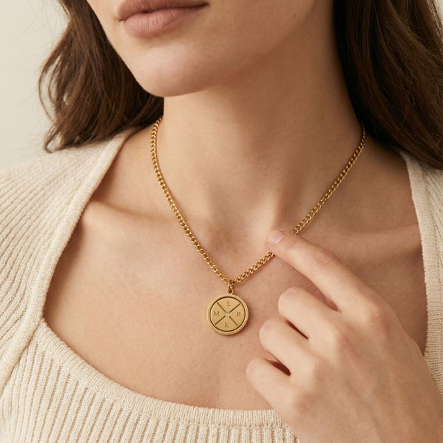 Kundenspezifisch graviertes Kompass-Halsband mit Zirkon