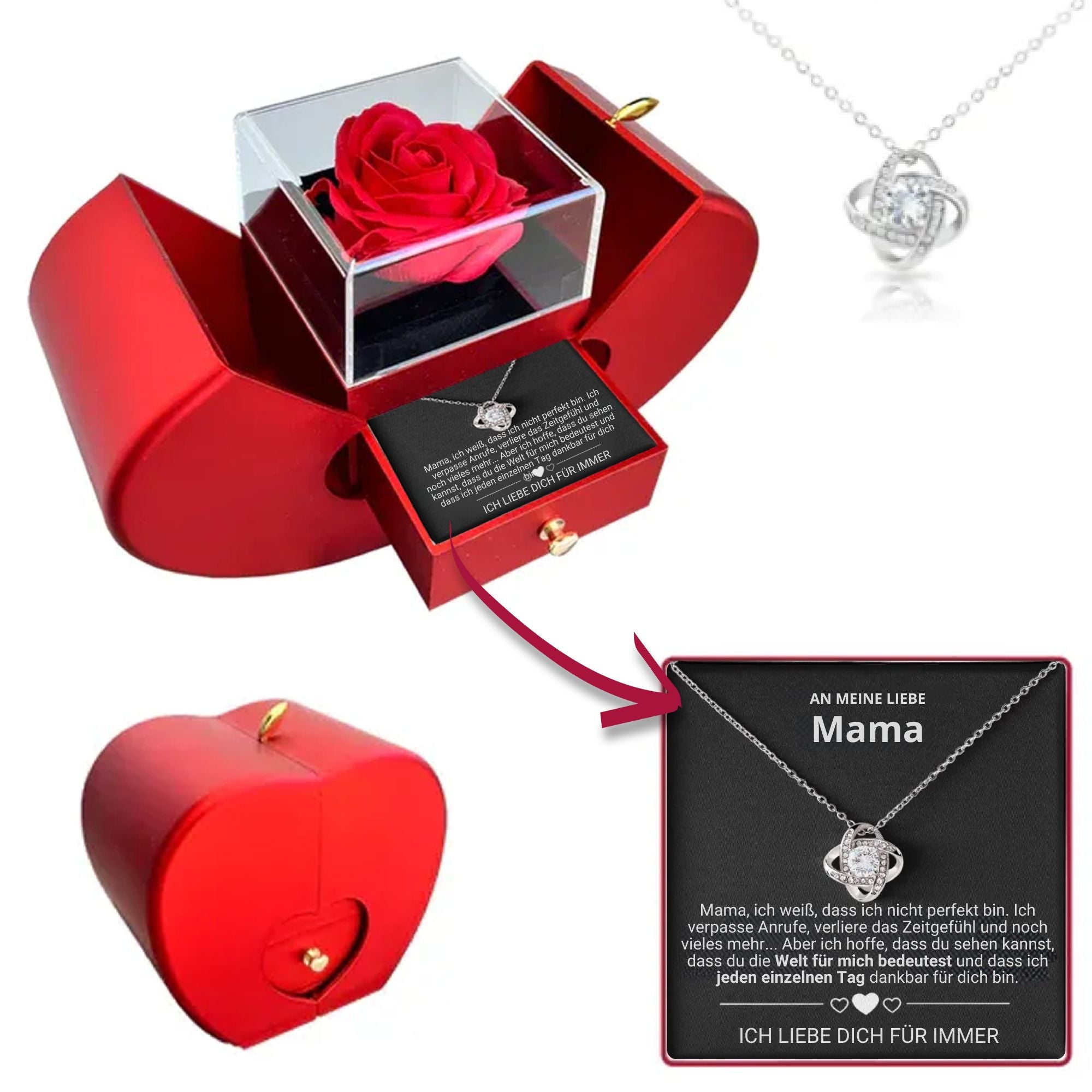 An Meine Mama – Ewige Rosenbox – Mit Love Knot Halskette & Echter Rose