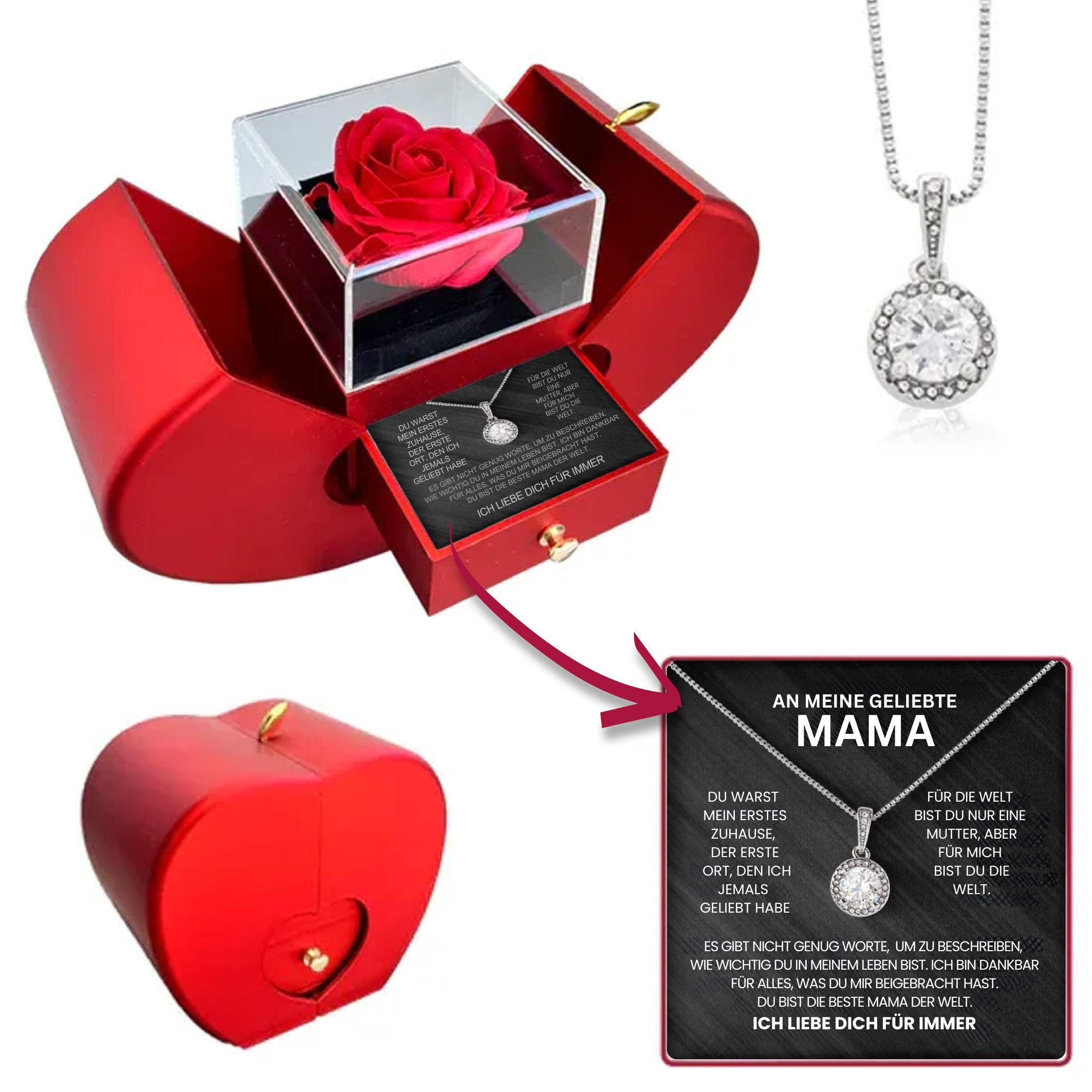 An Meine Mama – Ewige Rosenbox – Mit 14K Weißgold Kreis Halskette & Echter Rose
