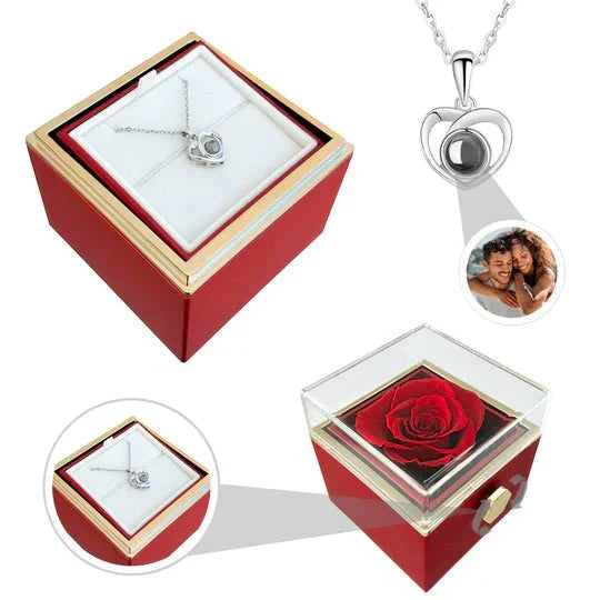 Ewige Rosenbox – Mit Herzkette mit Fotoprojektion & echter Rose